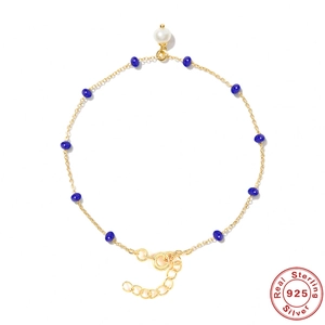 Elegant S925 sterling silver gold bracelet with blue beads and a single pearl charm