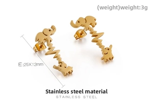 Detailed view of gold stainless steel elephant earrings with heartbeat line design