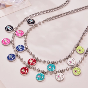 Silver double layer stainless steel necklace with colorful celestial moon sun pendants