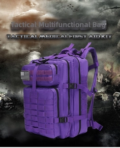 Purple waterproof tactical medical backpack with MOLLE system and US flag patch detail
