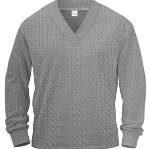 Men's casual grey long sleeve V-neck knit sweater with classic textured jacquard patterns