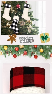 Detail of buffalo plaid Christmas stockings with knit textures and hanging loops