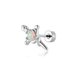 Silver sword stud earring with heart opal and zircon inlay on a white background