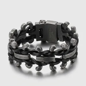 Men Retro Industrial Style Bracelet 316L Stainless Steel And Genuine Leather Braided Punk Motorcycle Trendy Gift