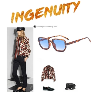 Retro square leopard print sunglasses with blue gradient lenses shown in a full fashion outfit