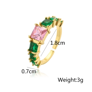Detail view of 18K gold plated ring with green and pink zircon showing size dimensions