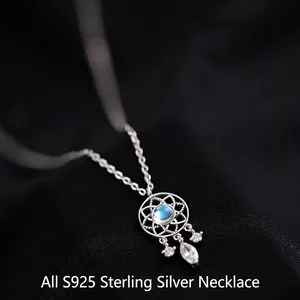 S925 sterling silver dreamcatcher necklace with moonstone and cubic zirconia pendant