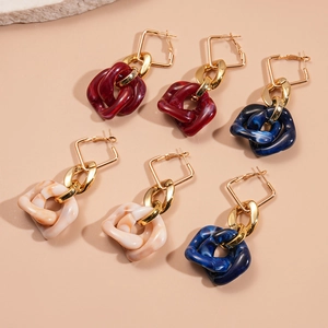 Vintage acrylic geometric twisted square hoop earrings in burgundy, blue, and marble beige
