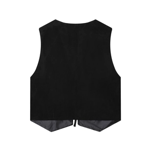Vue arrière du gilet en daim noir brodé avec un design minimaliste sur fond blanc