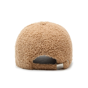 Rear view of warm camel faux shearling baseball cap with adjustable metal buckle strap
