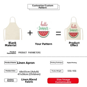 Detailed size chart and specifications for Christmas linen blend aprons with digital print