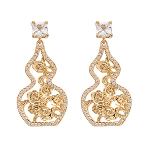 Golden gourd hollow earrings with cubic zirconia and auspicious cloud patterns