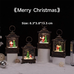 Detail view of retro bronze Christmas lanterns with festive scenes, size 8.3x3.8x13.5cm