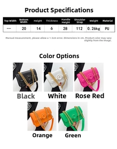 Detailed view of women's chain shoulder bag in multiple vibrant PU leather colors