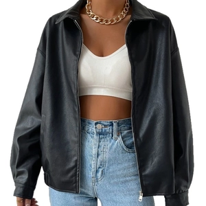 Women's vintage black PU leather motorcycle jacket with zipper and lapel collar