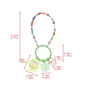 Detailed view of colorful evil eye keychain dimensions with tulip and heart charms