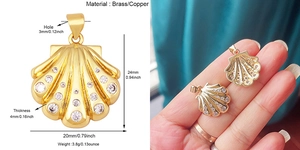 Détail du pendentif coquillage doré serti de zircons avec dimensions et poids