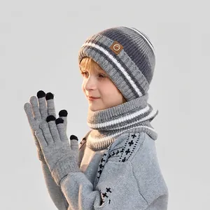 Kids winter knit 3-piece set including warm hat, neck gaiter, and gloves in grey stripes
