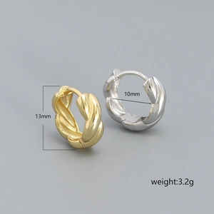 Twisted rope huggie hoop earrings in gold and silver finish, 13mm diameter design