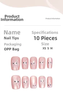 Macro detail of 10-piece reusable pink cat eye press-on nails with cute cat drawings