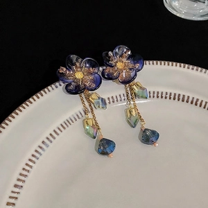 Vintage floral tassel earrings with blue petals and golden crystal drop charms