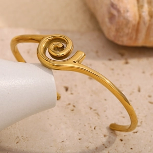 French style 18K gold plated stainless steel open donut bangle with spiral swirl design
