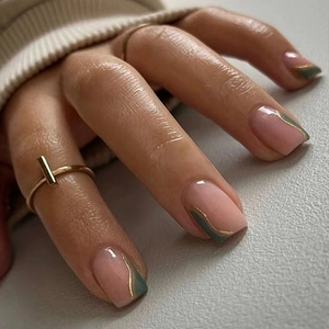 Press On Nails Nude Pink Dark Green Wave Gold Line Glossy Square Round Artistic False Nails Elegant Manicure Tips