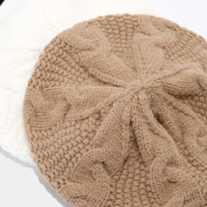 Women thick cable knit beret hats in beige and white for winter warmth and fashion