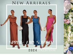 Nahaufnahme eleganter Satin-Maxikleider in verschiedenen Farben mit eckigem Ausschnitt