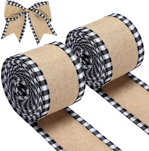 Detail of burlap ribbon with black and white checkered edges and a pre-made bow
