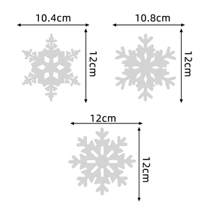 Detailed size guide for grey snowflake ornaments showing dimensions in centimeters
