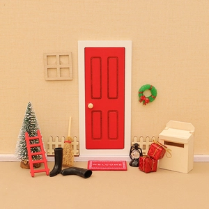 Miniature dollhouse Christmas decoration set with red door and holiday accessories