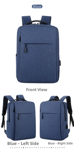 Three-view display of blue business laptop backpack with USB port and front zipper pocket