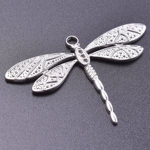 Macro shot of silver stainless steel dragonfly pendant with textured wings and metal finish
