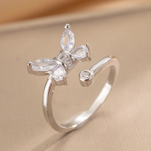 Exquisite silver butterfly zircon open ring with sparkling crystal details and adjustable band