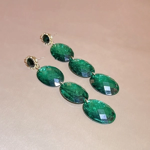 Vintage emerald green acrylic drop earrings with gold geometric stud and crystal inlay