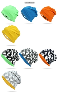 Selection of vibrant knitted beanies in solid colors and trendy letter patterns