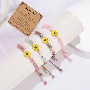 Handmade 4-piece sunflower beaded bracelet set with Get Well Soon card for women
