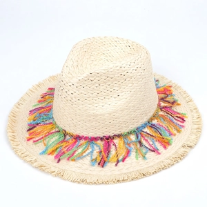 Summer straw fedora sun hat with colorful tassel trim for beach vacations and sun protection
