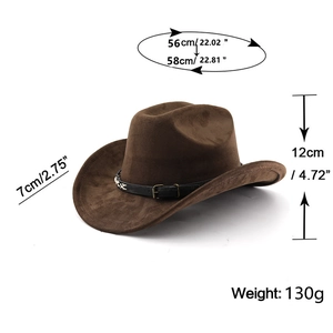 Detailed dimensions of brown suede cowboy hat with 7cm brim and vintage leather belt