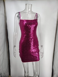 Detail of shimmering rose pink sequins on a sexy bodycon mini dress with thin straps