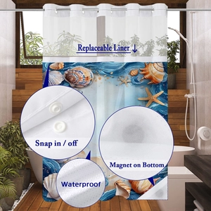 Detail of waterproof shower curtain with sea shell print, snap-in liner and metal grommets