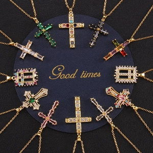 Collection of gold titanium cross necklaces with colorful zircon pendants for women