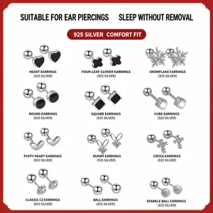 925 Sterling Silver Zirconia Stud Earrings For Women Minimalist Geometric Screw Back Heart Snowflake Cross Clover Earring Set Jewelry