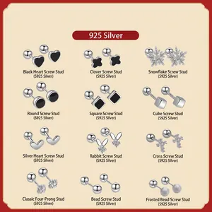 925 Sterling Silver Zirconia Stud Earrings For Women Minimalist Geometric Screw Back Heart Snowflake Cross Clover Earring Set Jewelry