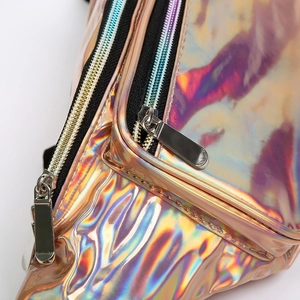 Holographic laser fanny pack with multi-color metallic gloss and dual metal zippers