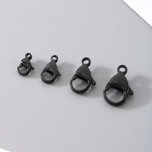 Detail showing 304 stainless steel lobster clasps in black finish across four sizes