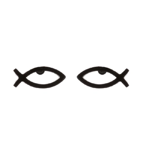 Minimalist black fish-shaped stainless steel stud earrings for women on white background