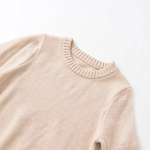 Beige crewneck knit sweater in premium fine wool texture with ribbed collar detailing