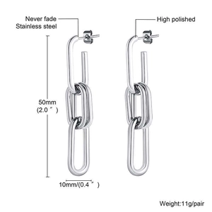 Detailed view of polished stainless steel chain earrings showing dimensions and length